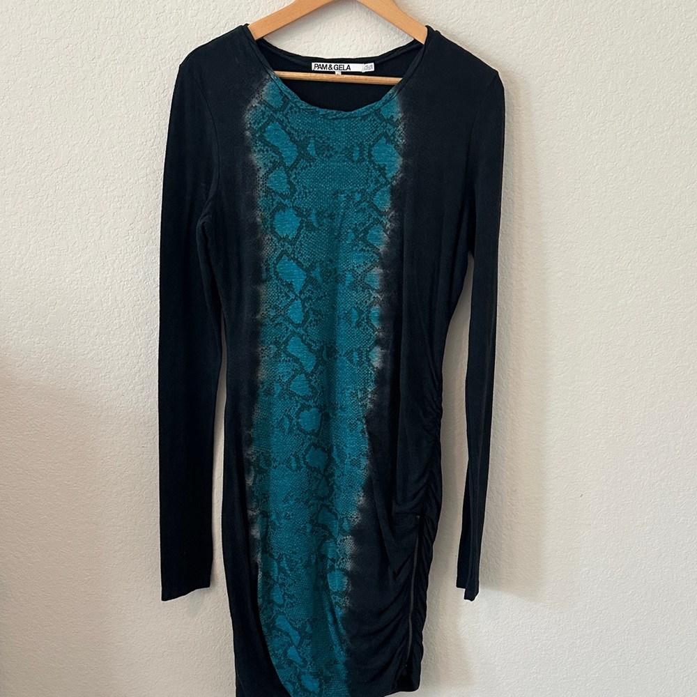Pam & Gela Black Dress with Teal Snake Print Panel
